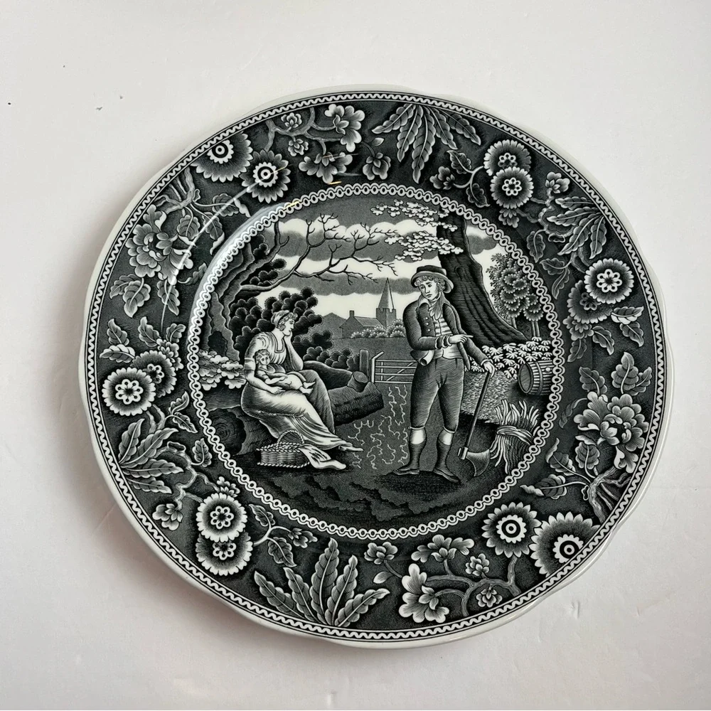 Spode Georgian Series Woodman 10” Dinner Plates Black S3480-W England Set of 4